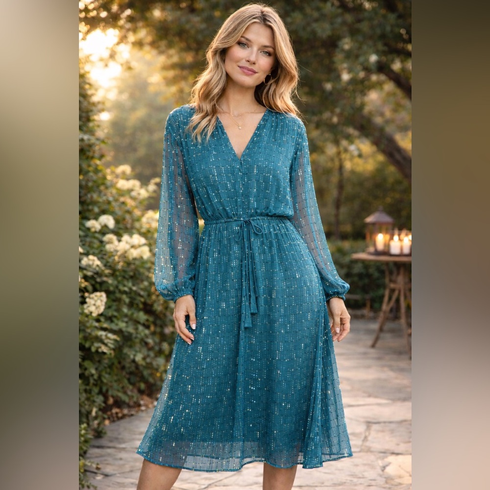 lovestitch Teal Long Sleeve Midi Dress with Metallic Sheen